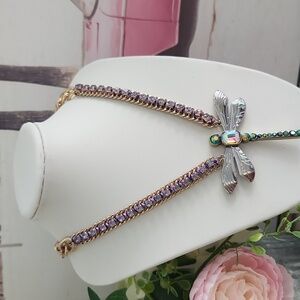 Betsey Johnson Dragonfly Necklace with Gold and Purple Accents! Stunning!